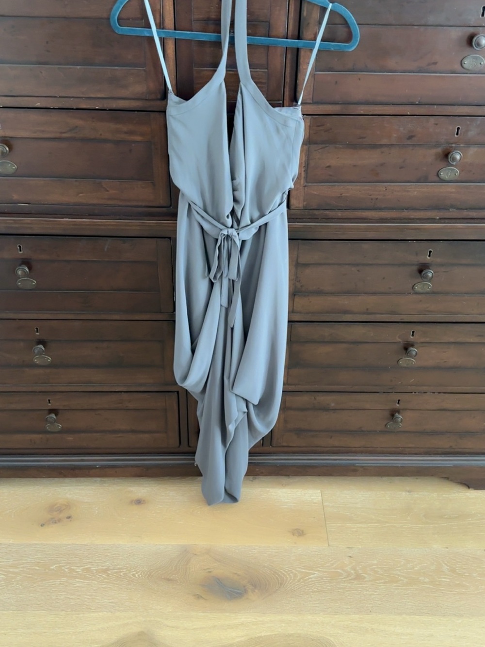 Paper Crown Draped Asymmetrical Spaghetti-Strap Dress in Taupe